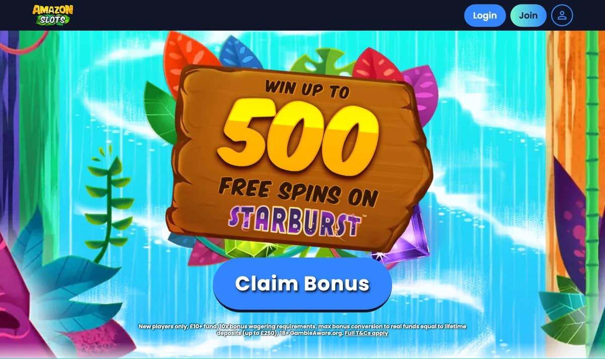 Amazon Slots homepage with its rainforest casino branding, Starburst welcome promotion and sign-in controls