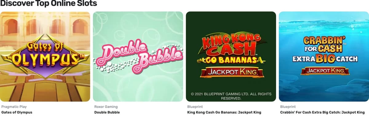 Jackpotjoy casino lobby showing Gates of Olympus, Double Bubble and two Jackpot King slots