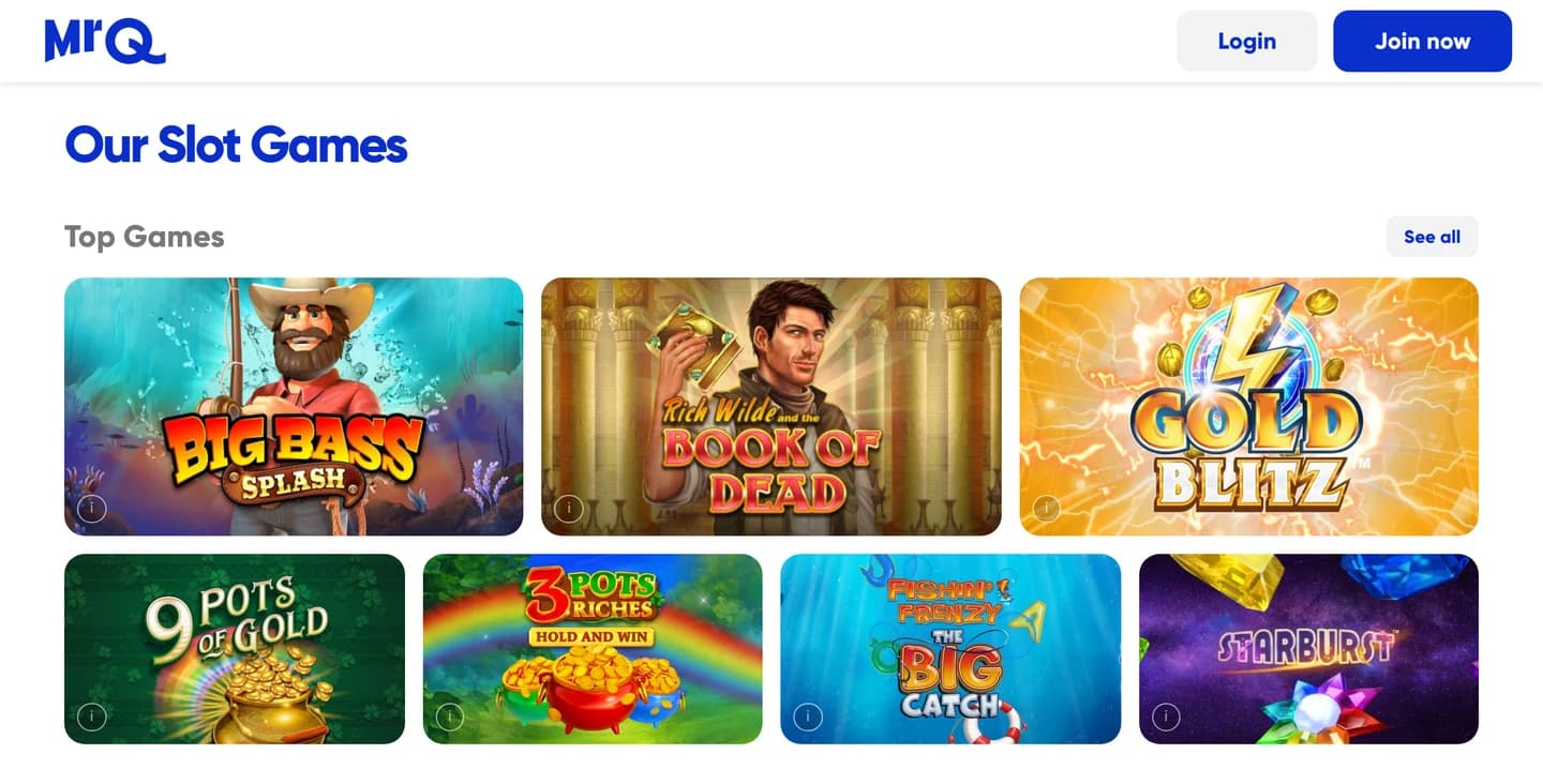 MrQ casino lobby with Big Bass Splash, Book of Dead and other slot games below separate Login and Join now controls