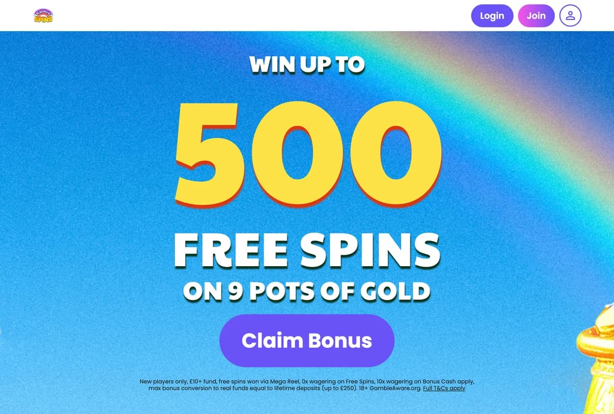 Rainbow Spins public homepage showing a 9 Pots of Gold welcome promotion above the casino sign-up route