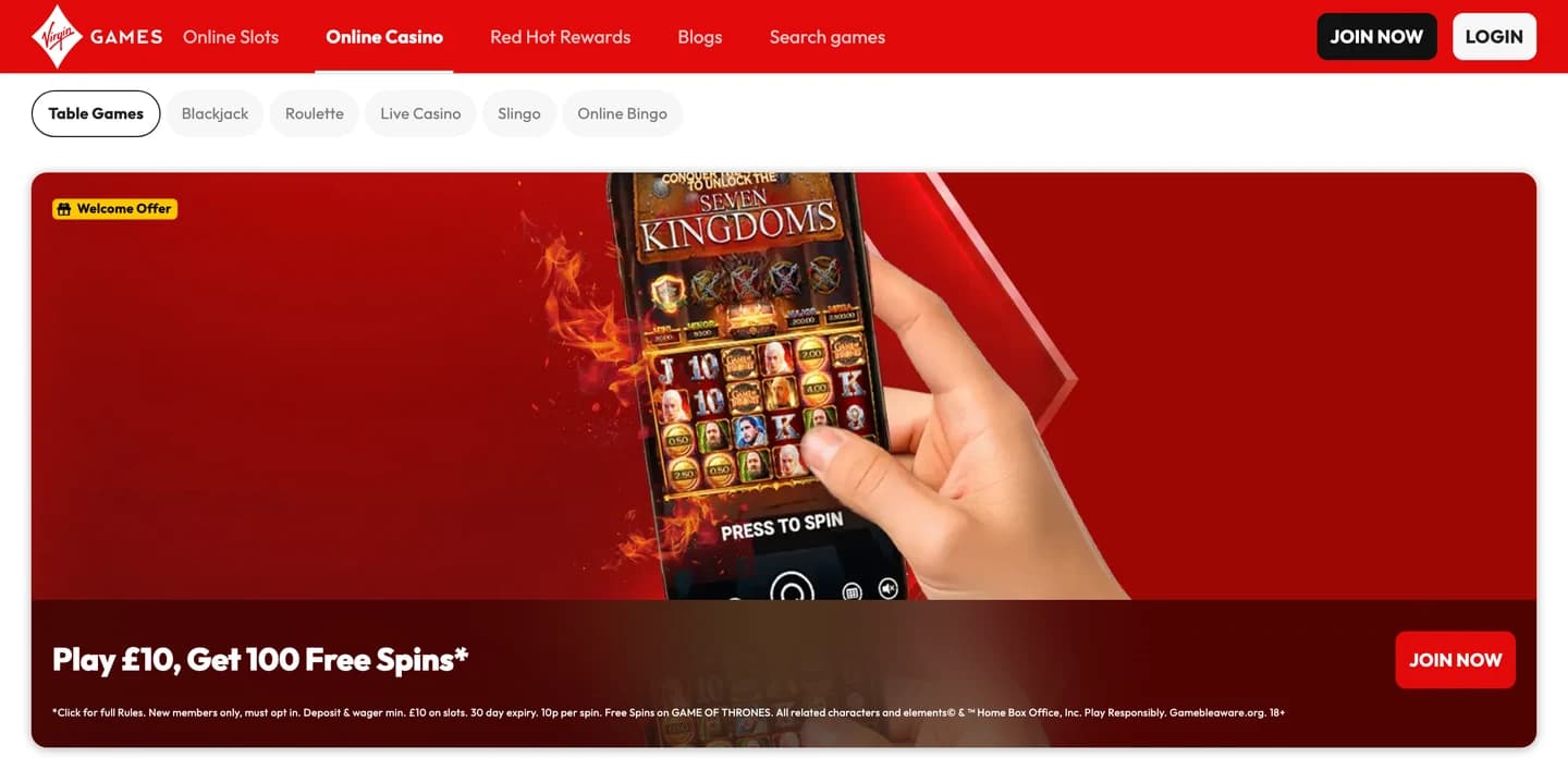 Virgin Games casino page showing its Game of Thrones slot welcome promotion with the qualifying-play conditions