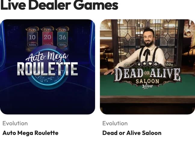 Virgin Games live-dealer lobby showing Auto Mega Roulette and Dead or Alive Saloon