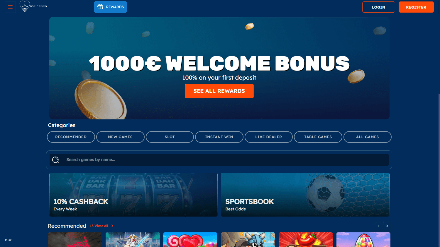 BOF casino homepage with blue branding, a welcome bonus and game-category buttons