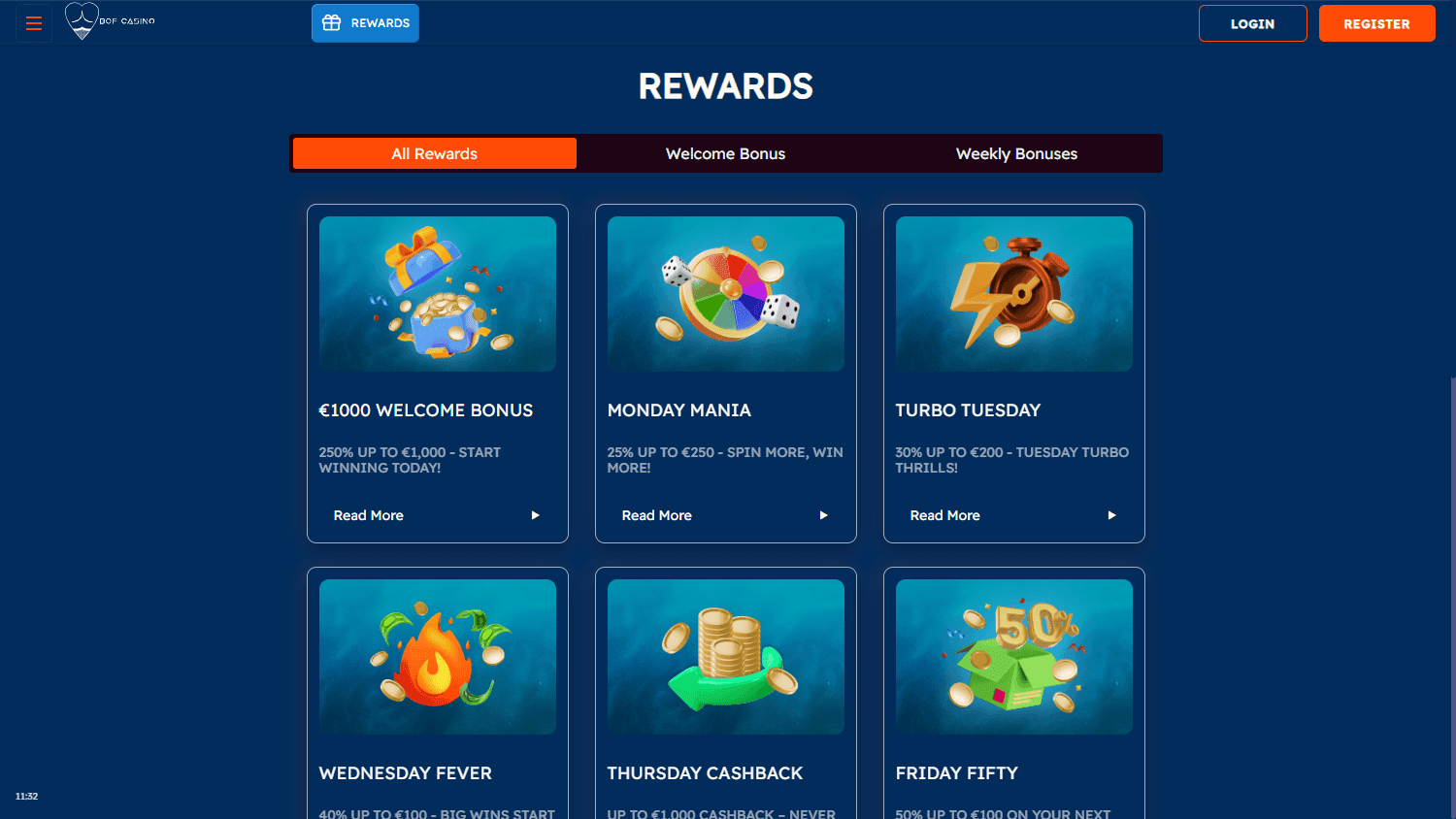 BOF rewards page showing welcome and weekly bonus categories