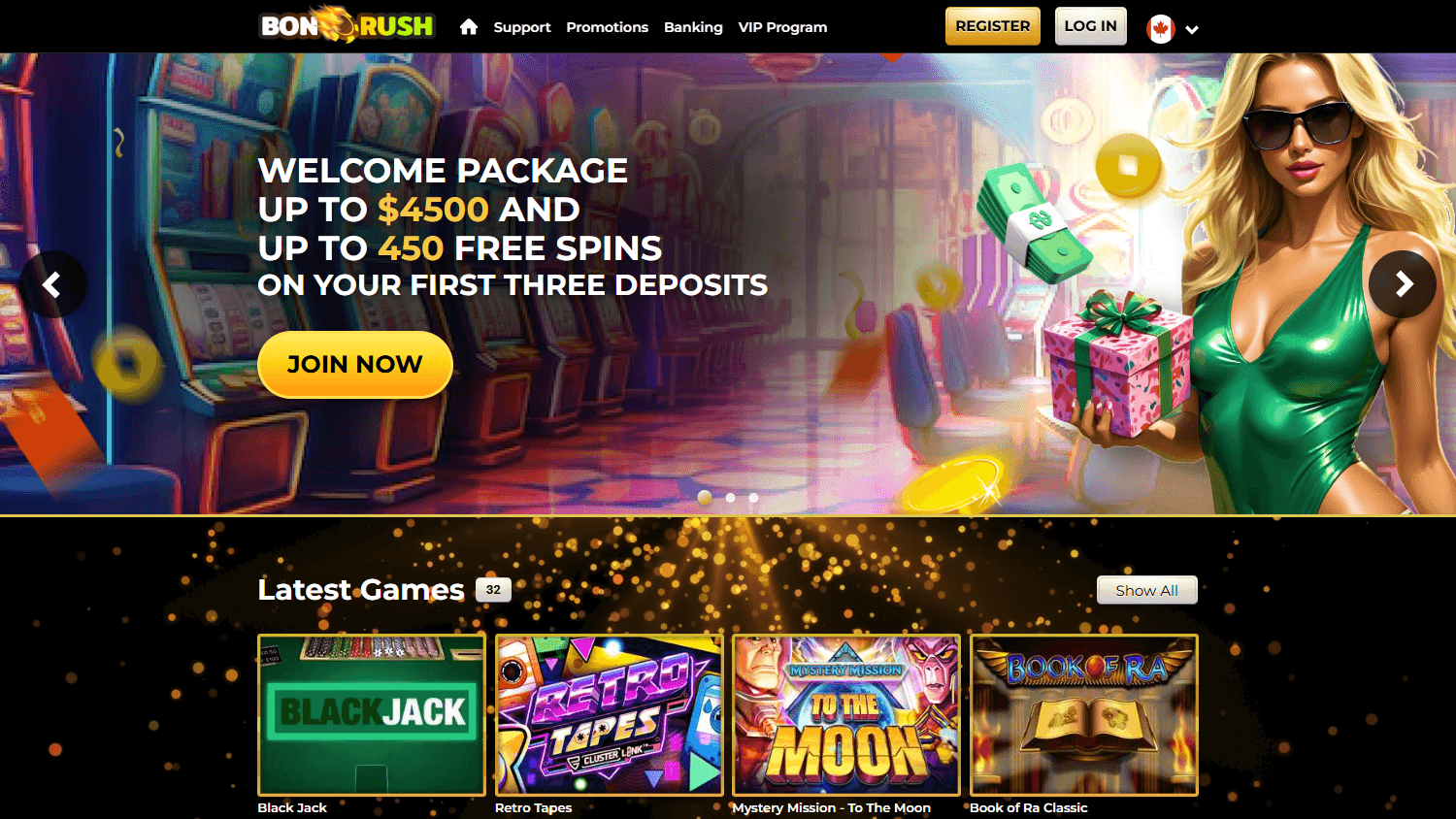 Bon Rush casino homepage with a welcome package and support and banking links