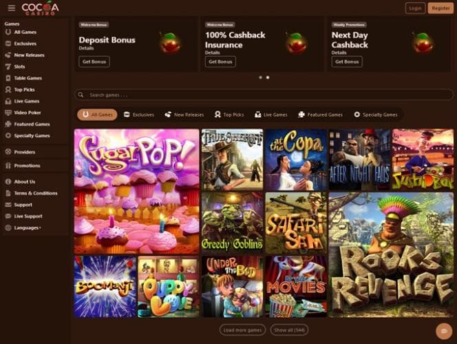 Cocoa casino homepage with a brown game lobby and cashback promotion panels