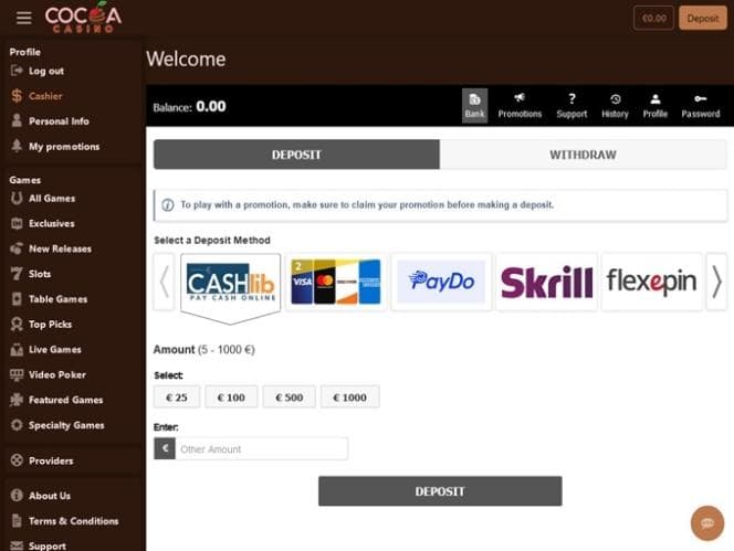 Cocoa cashier showing deposit and withdrawal tabs above payment options