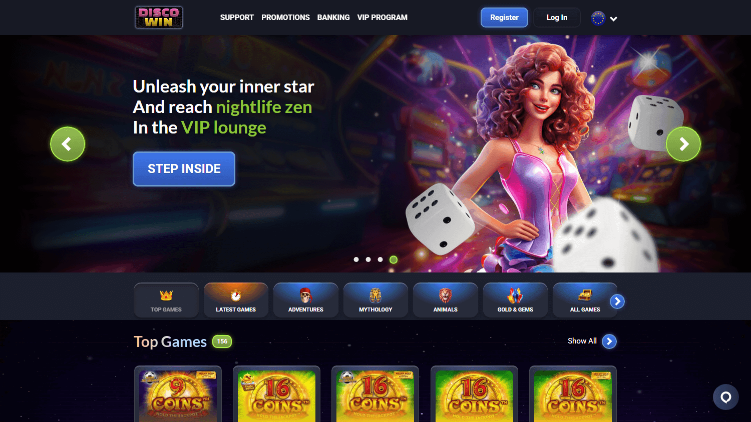 Disco Win casino homepage with VIP artwork and support, promotions and banking navigation