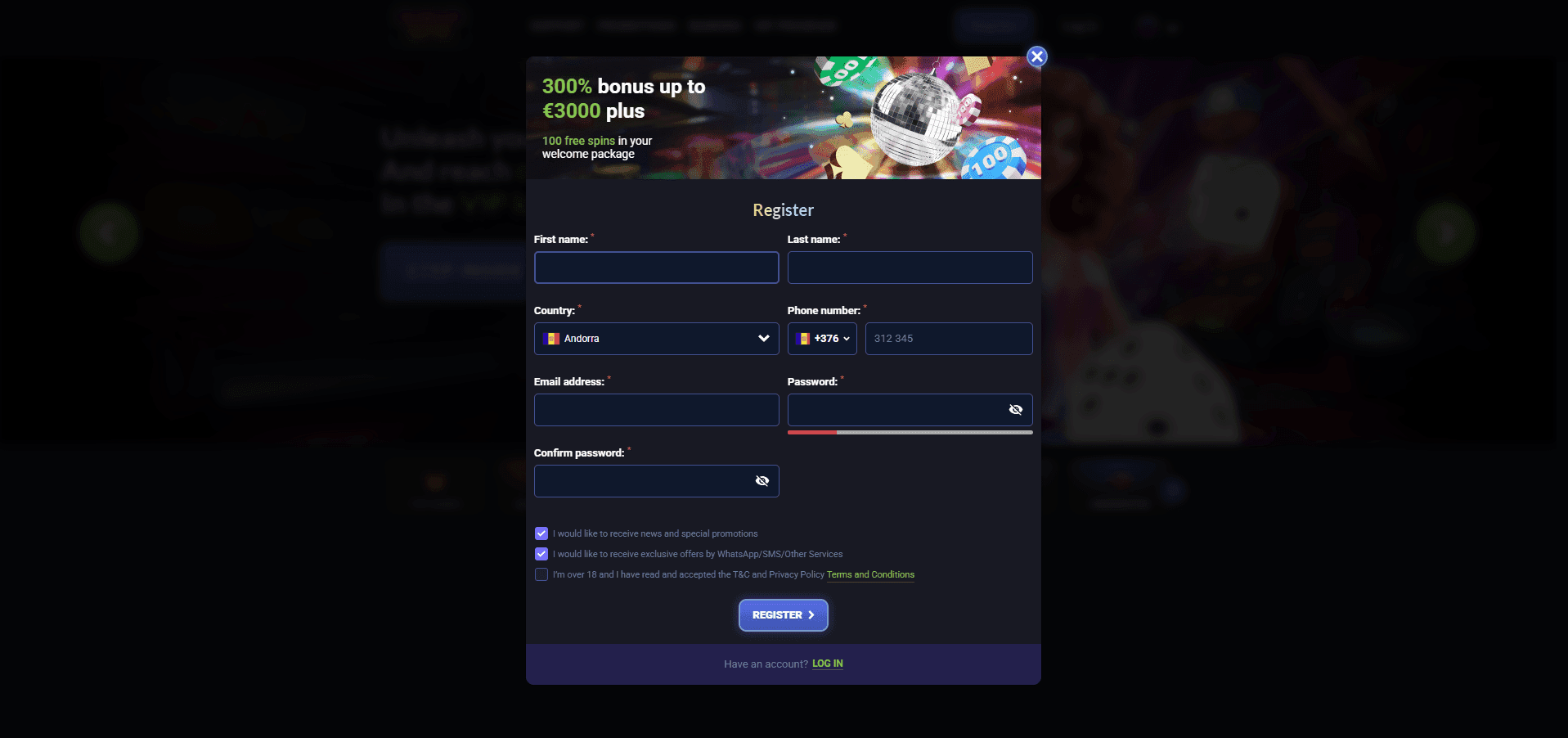 Disco Win registration form with account fields and acceptance of terms and privacy policy