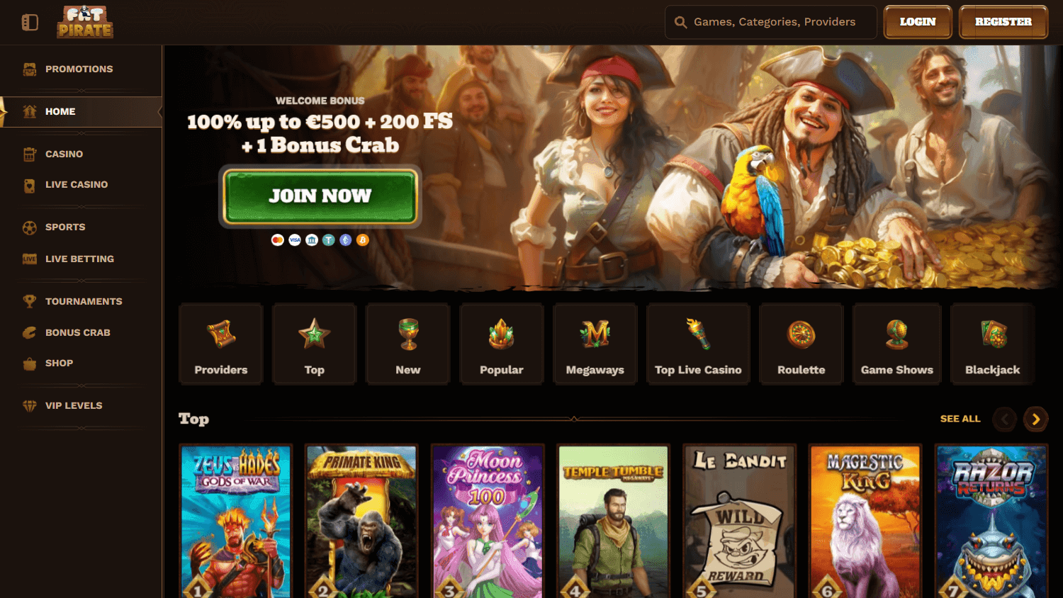 FatPirate casino homepage with pirate artwork, a welcome offer and game categories