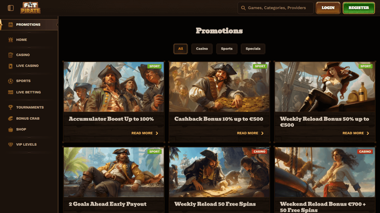 FatPirate promotions grid with cashback, reload offers and sports promotions