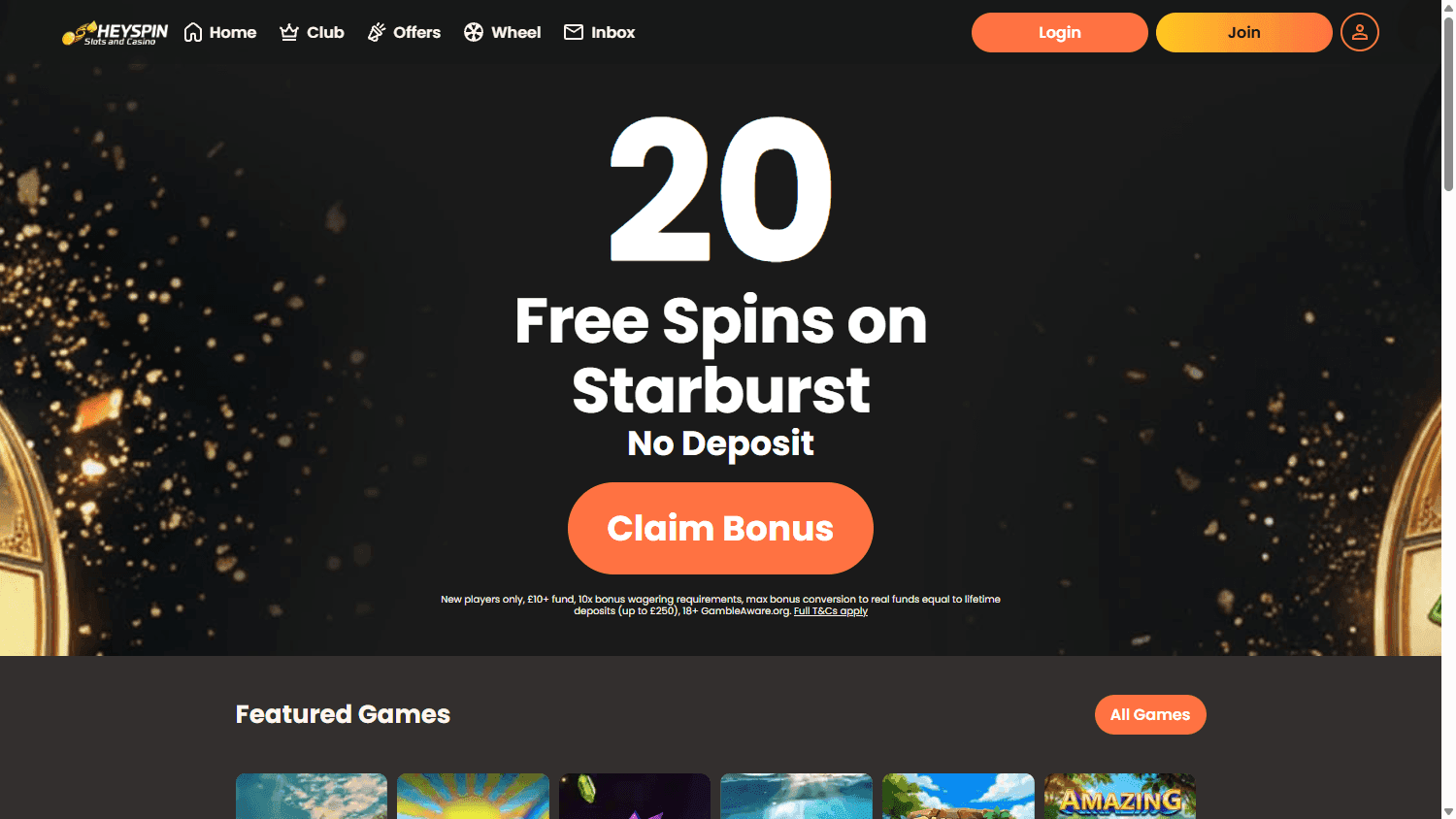 HeySpin casino homepage with login, offers and daily-wheel navigation