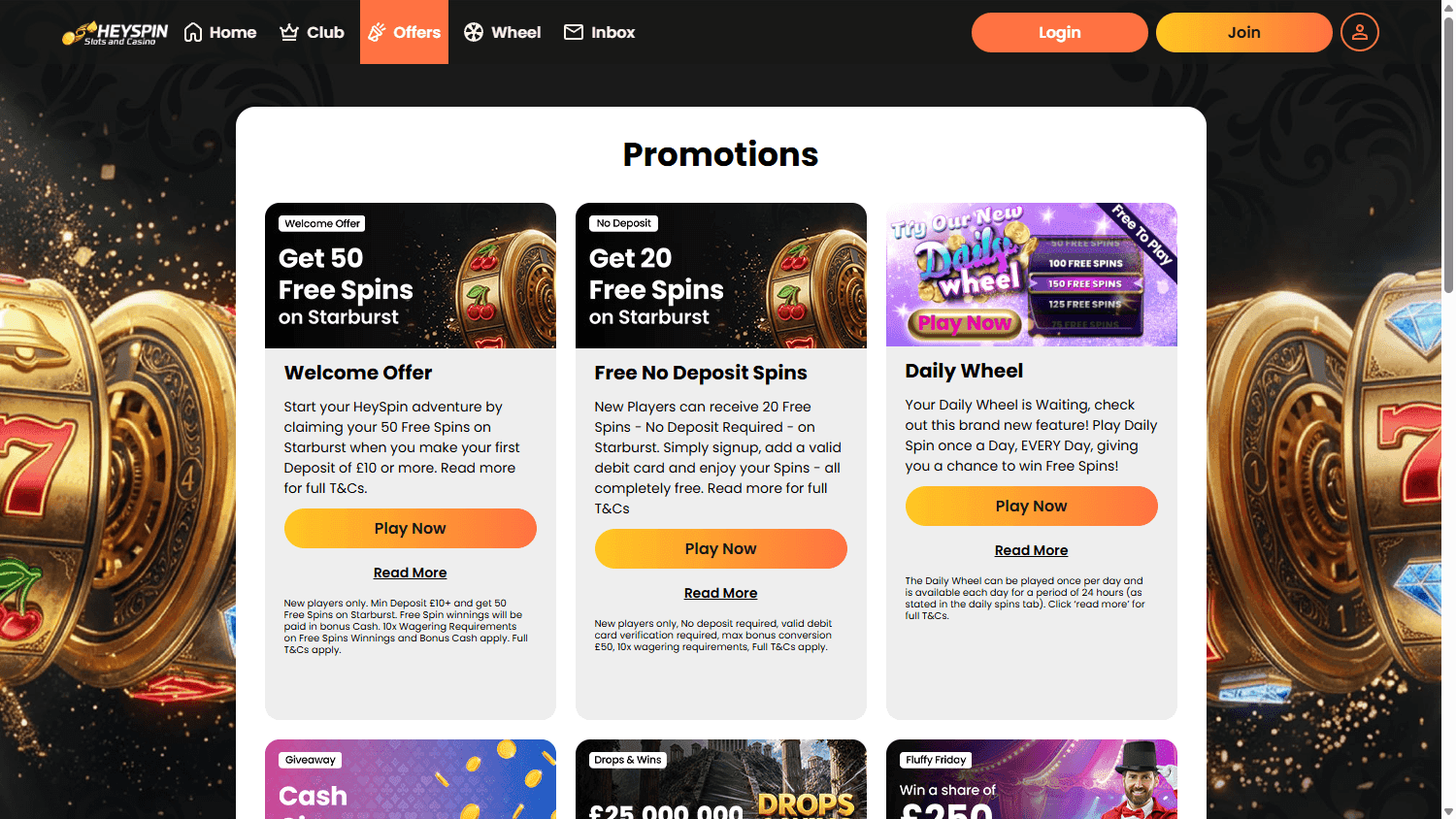 HeySpin promotions showing welcome spins, deposit offers and a daily wheel