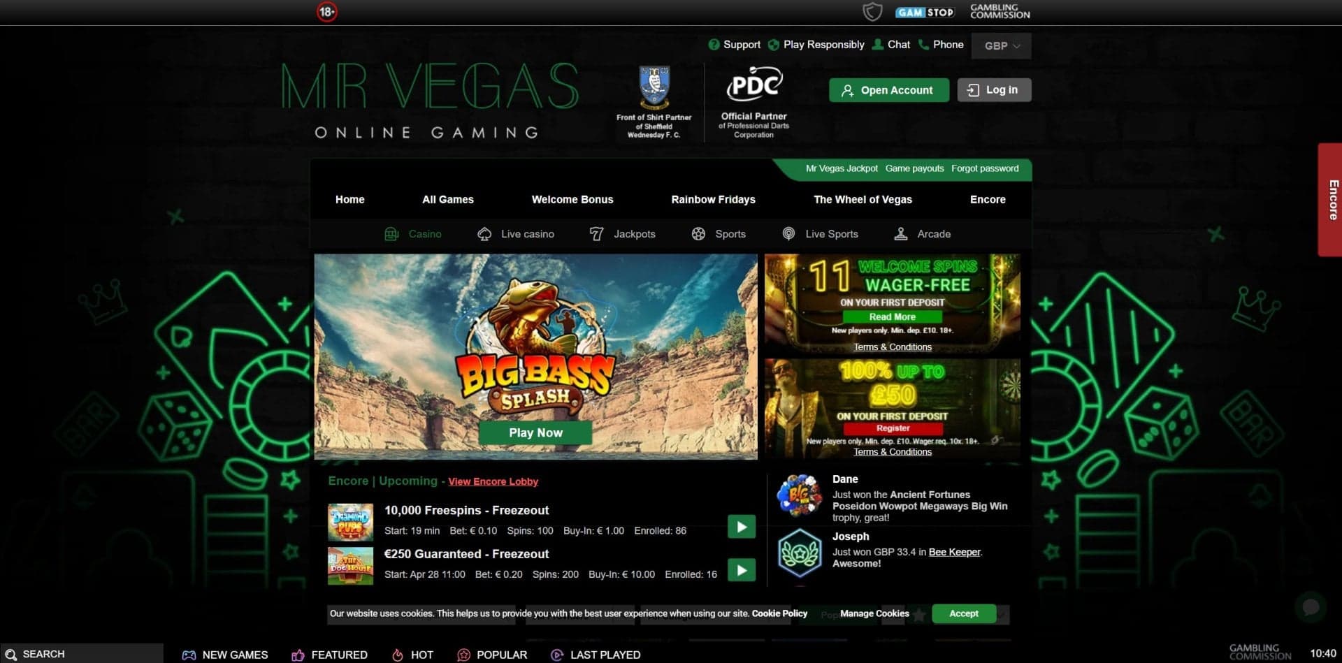 Mr Vegas casino homepage with green branding, game categories and an account login