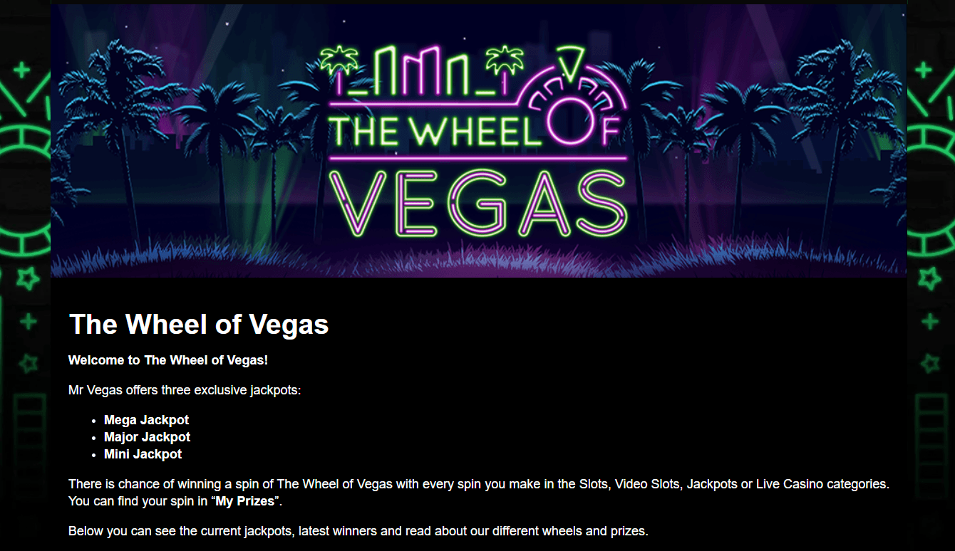 Wheel of Vegas rewards screen at Mr Vegas listing jackpot prize categories