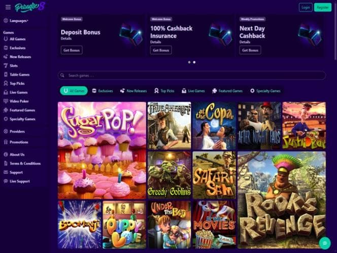 Paradise 8 casino homepage with a purple game lobby and deposit-bonus panels