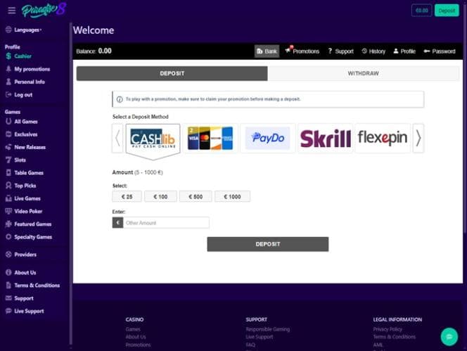 Paradise 8 cashier with deposit and withdrawal tabs and payment-method choices