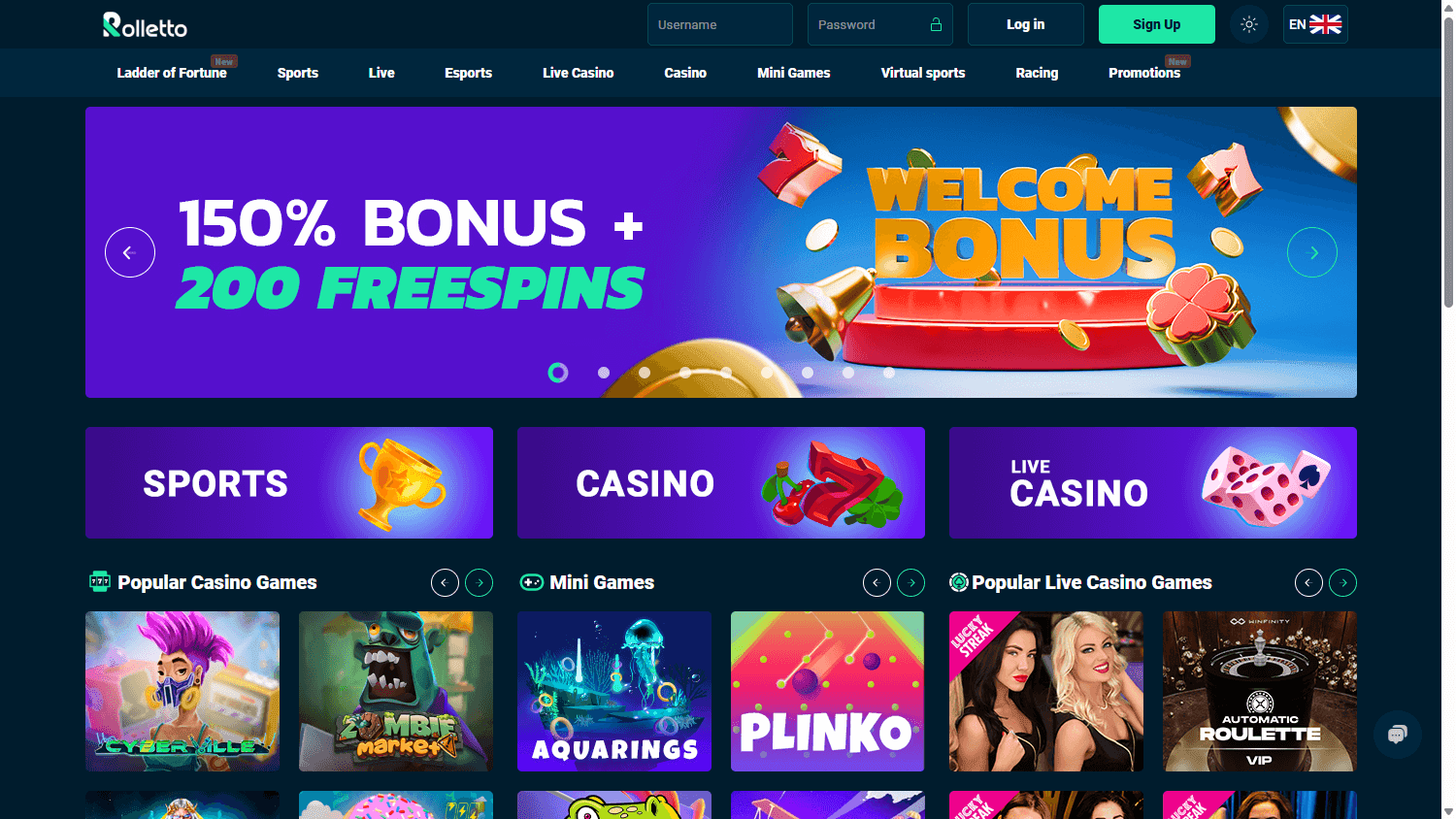 Rolletto homepage with sports, casino and live casino categories beneath its welcome offer