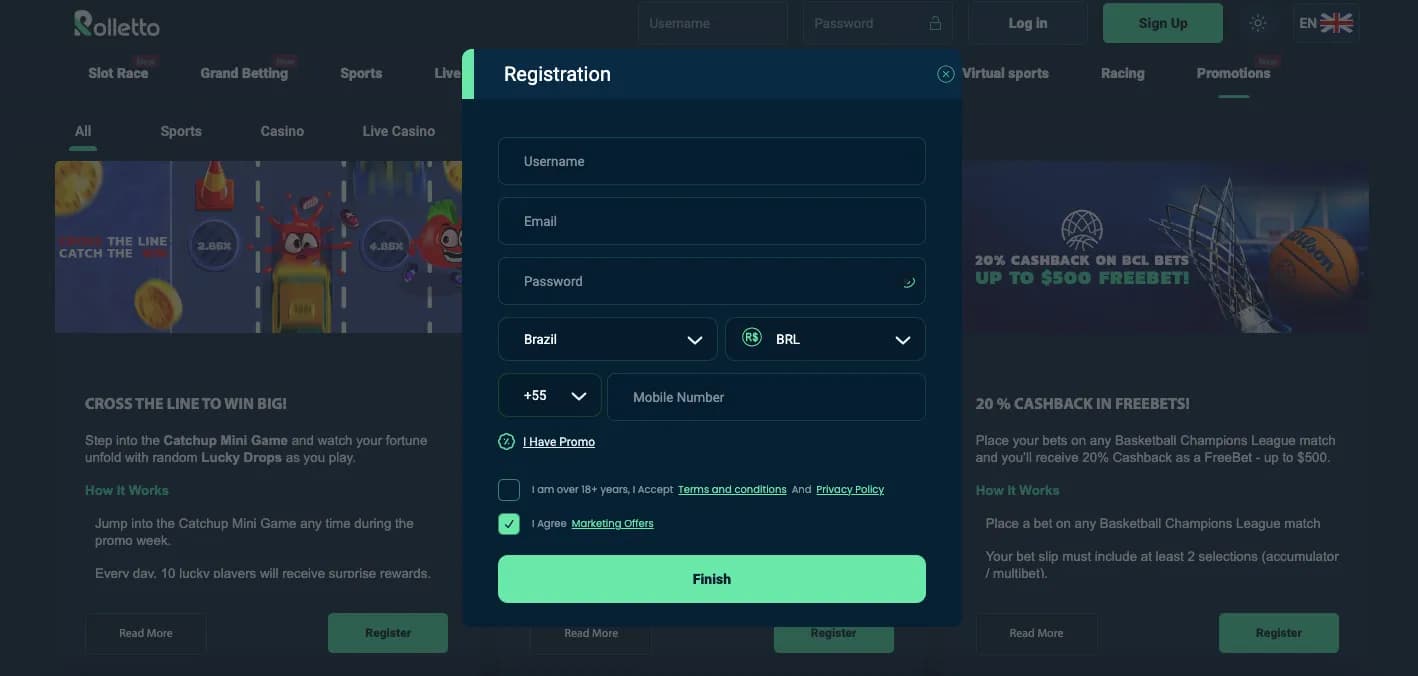 Rolletto registration form with username, password, currency and terms acceptance fields