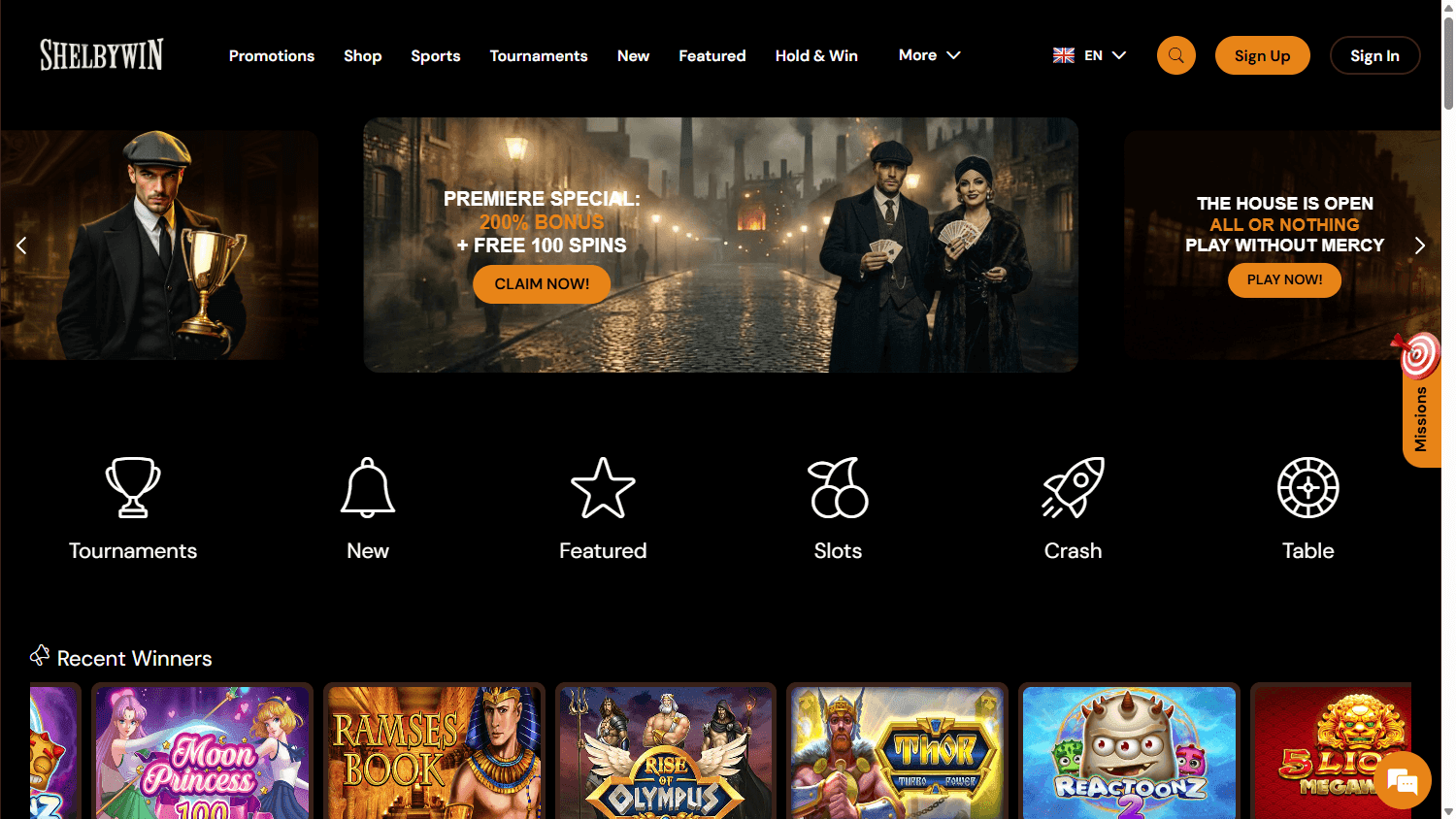 ShelbyWin casino homepage with dark branding, a welcome banner and game categories