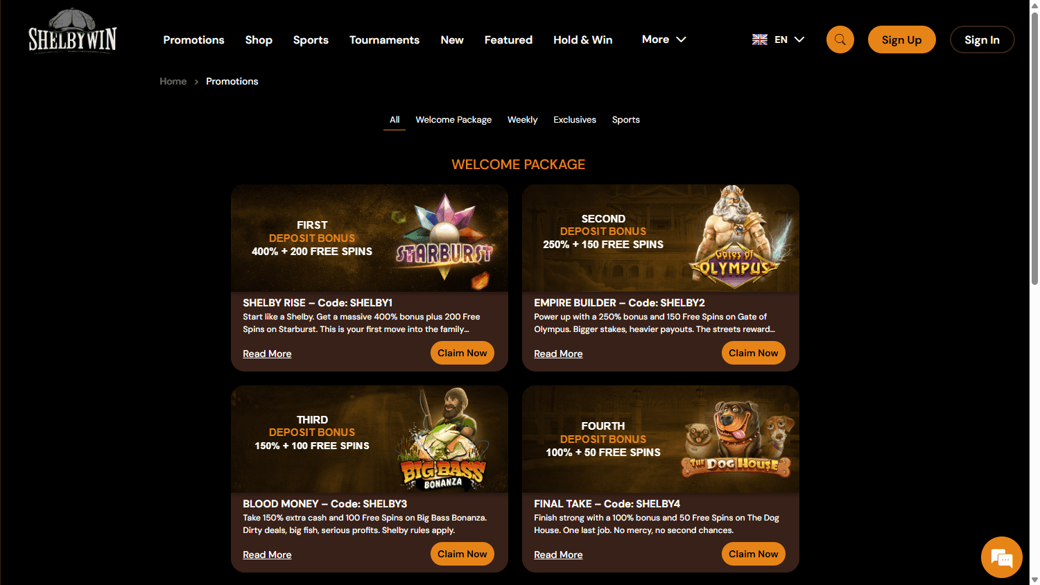 ShelbyWin promotions page listing separate offers for successive welcome deposits