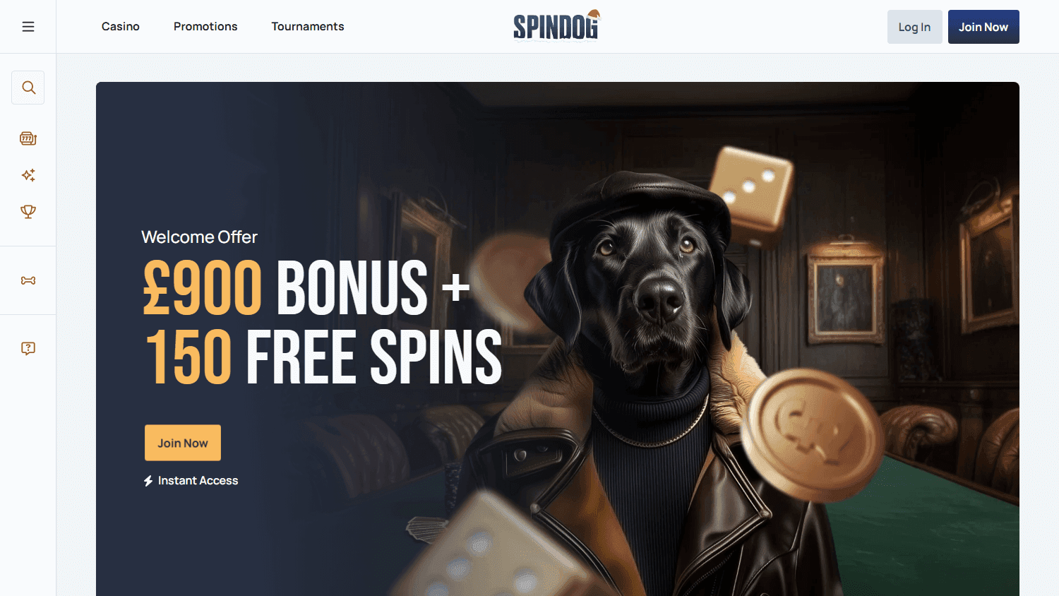 Spindog casino homepage with dog artwork, a welcome offer and login controls