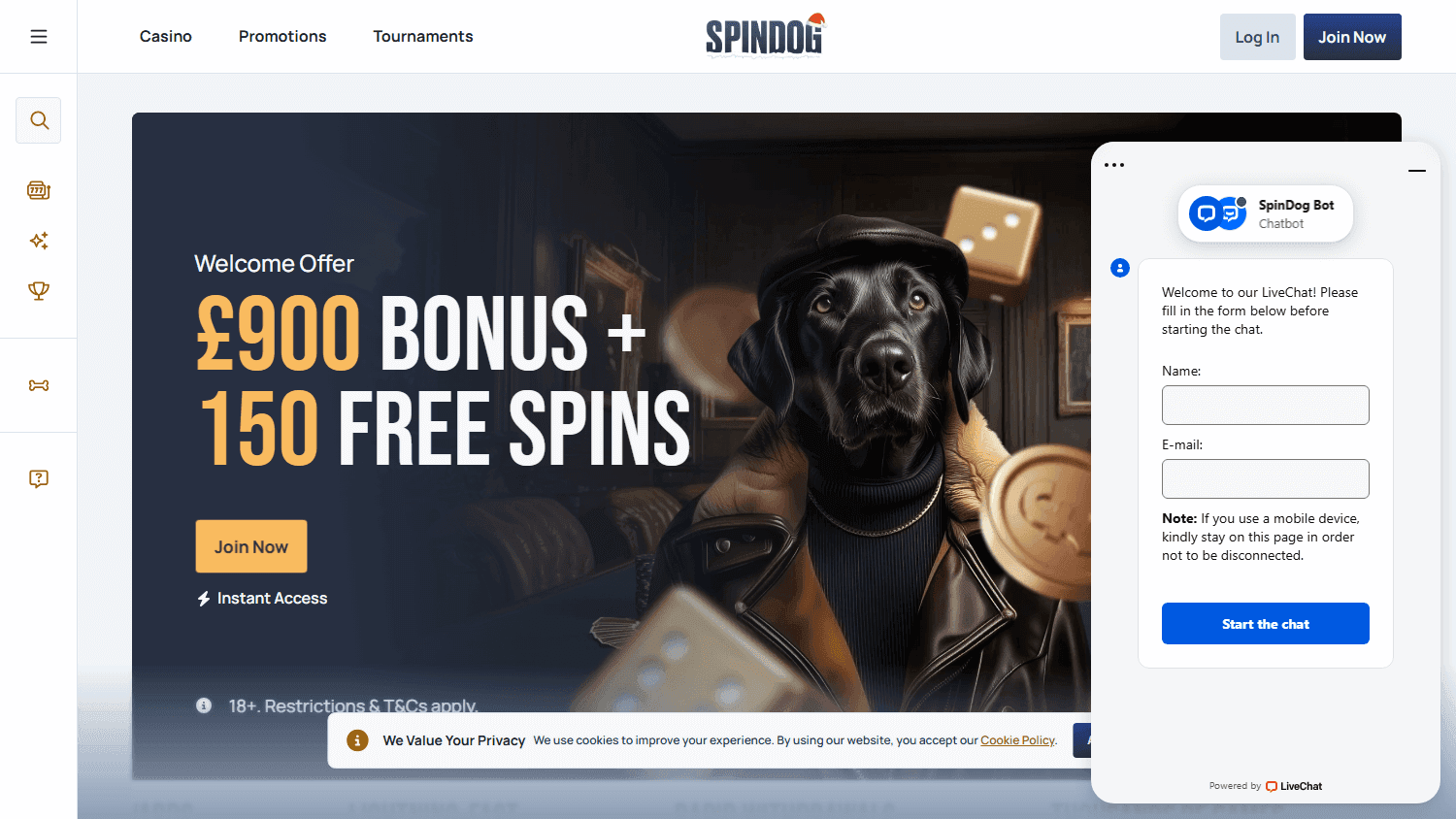 Spindog support chat form with name and email fields beside the casino lobby