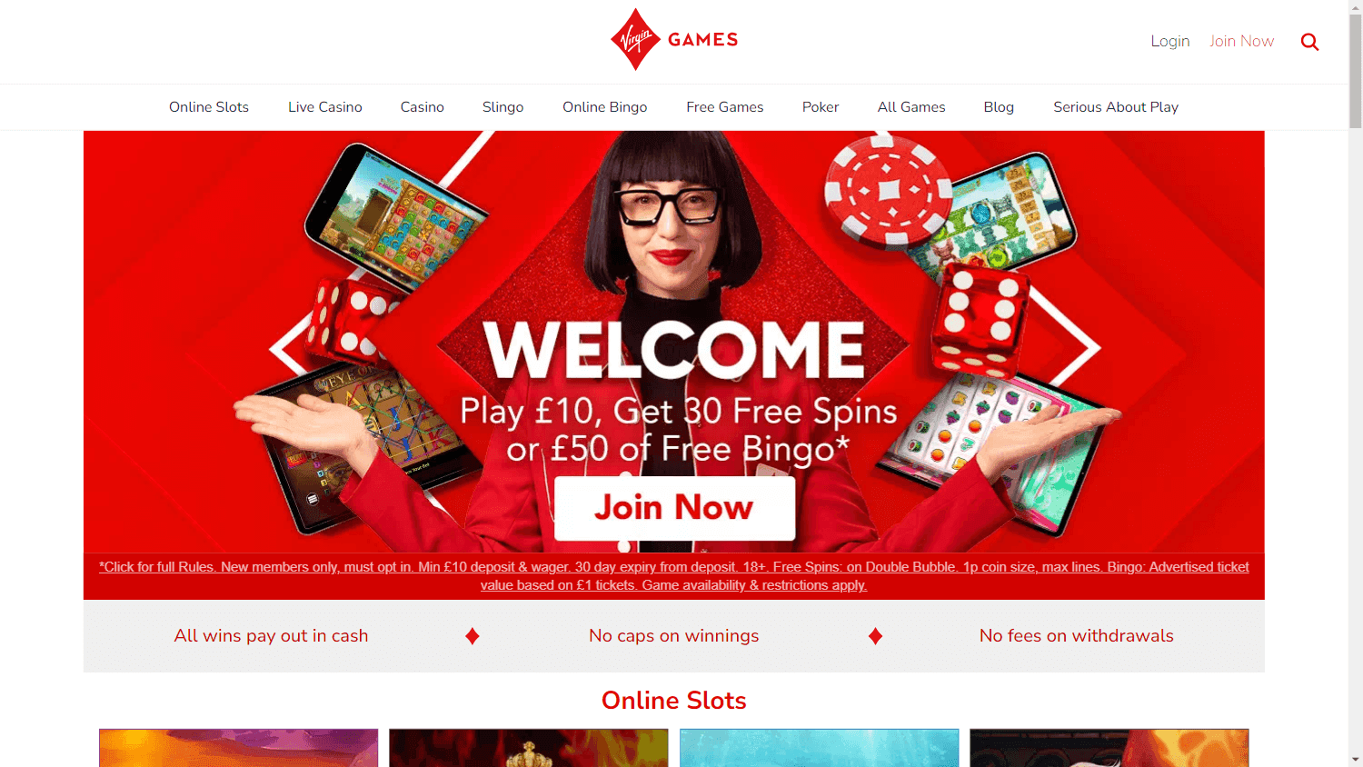 Virgin Games homepage with red branding and navigation for slots, bingo and casino games