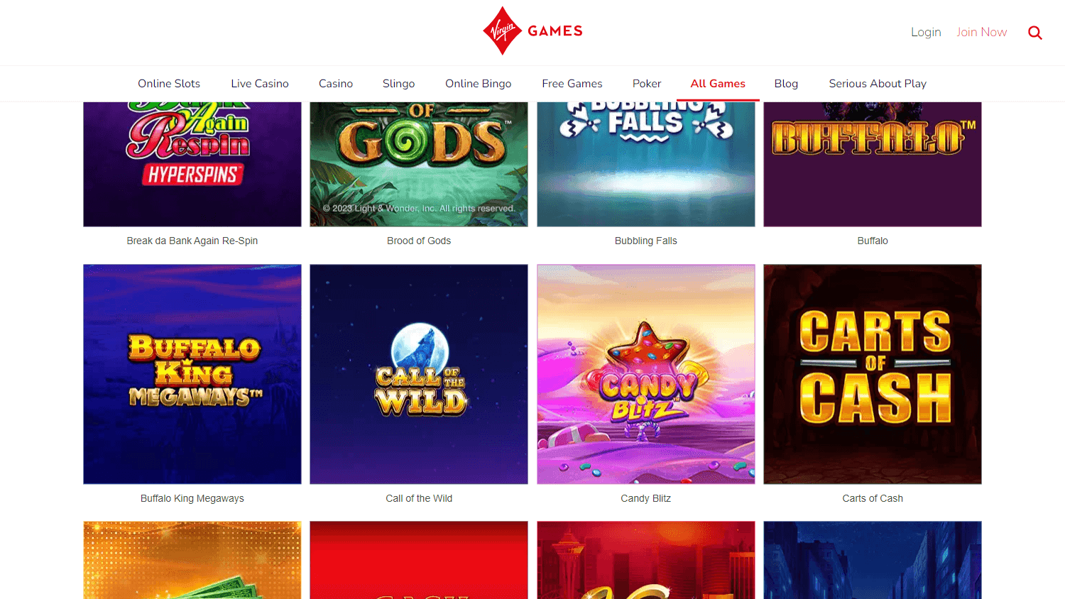 Virgin Games All Games gallery with slot thumbnails beneath the casino navigation