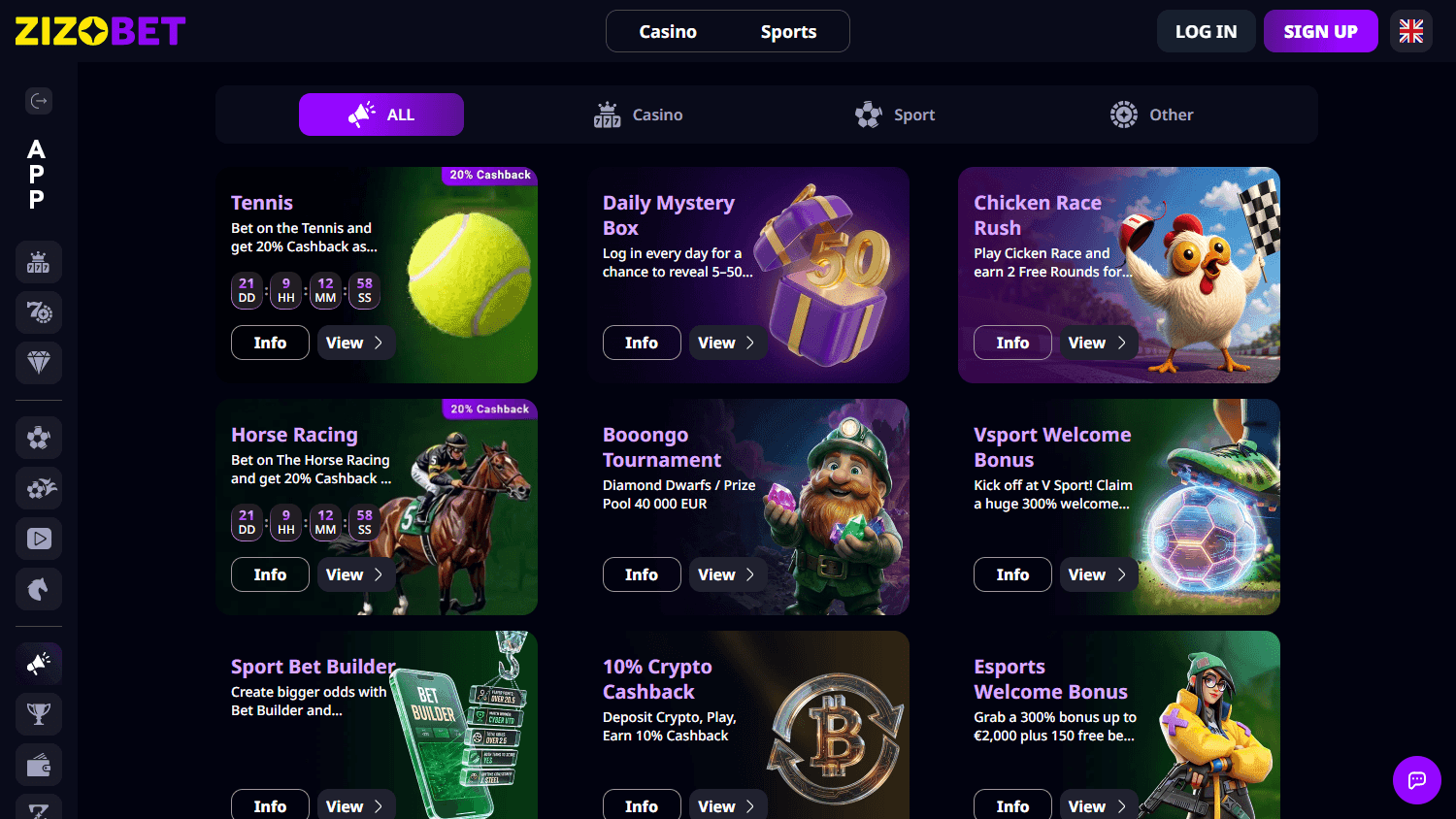Zizobet promotions showing separate casino offers, sports bonuses and tournaments