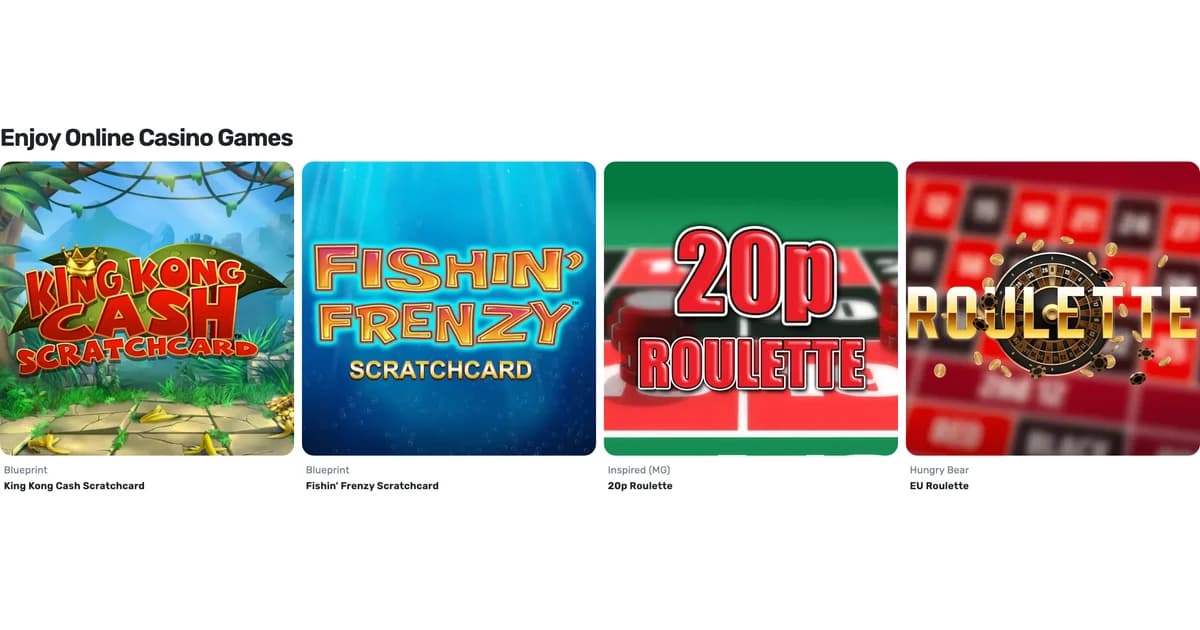 Jackpotjoy’s casino lobby showing scratchcard games and two roulette titles