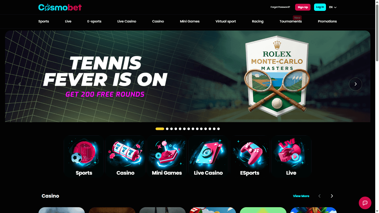 Cosmobet homepage with sports, casino, live casino and mini-game navigation
