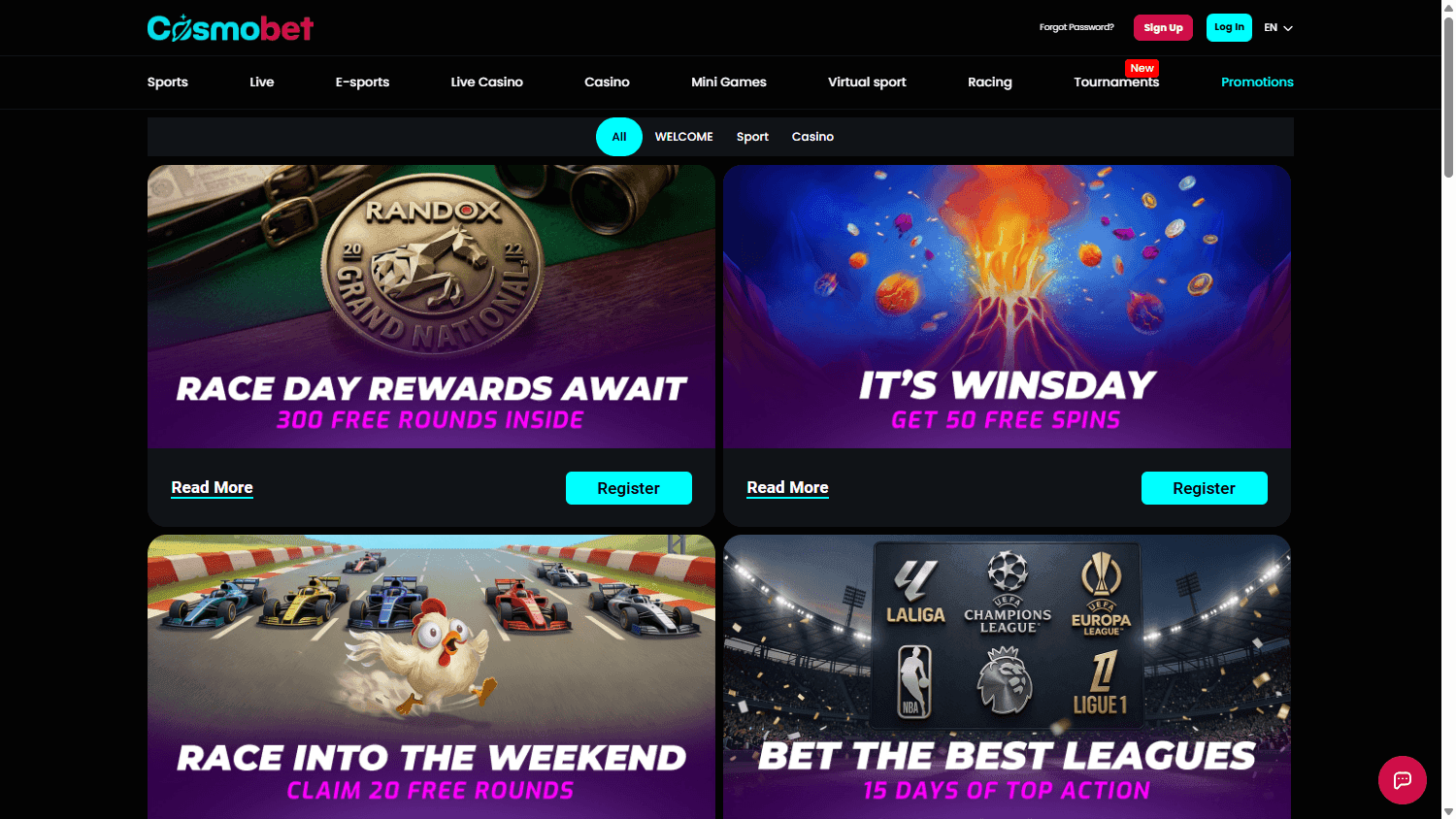 Cosmobet promotions with casino and sports tabs above individual bonus offers