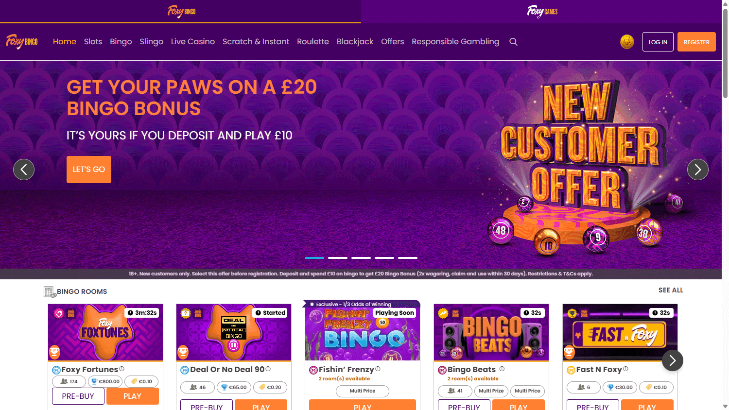 Foxy Bingo homepage, the observed Foxy Games destination, with bingo rooms and casino navigation