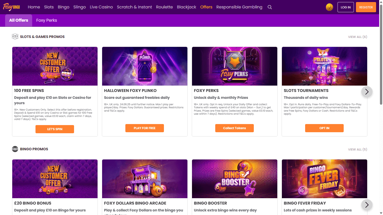 Foxy Bingo offers page with bingo promotions, Foxy Perks and slot tournaments