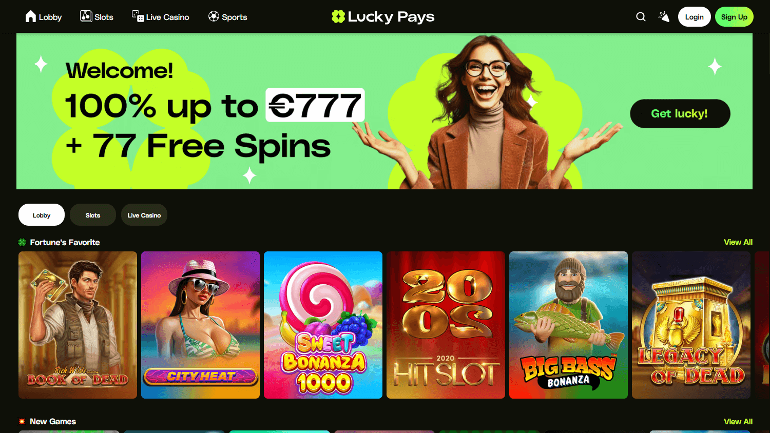 LuckyPays casino homepage with green clover branding, game categories and login controls
