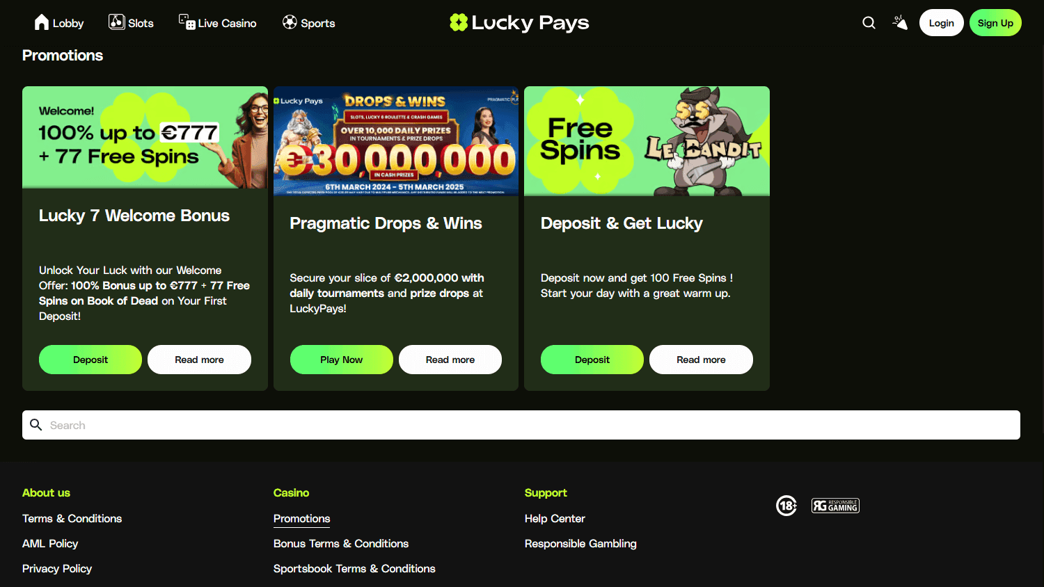 LuckyPays promotions showing a welcome bonus, Drops and Wins and free-spin offers