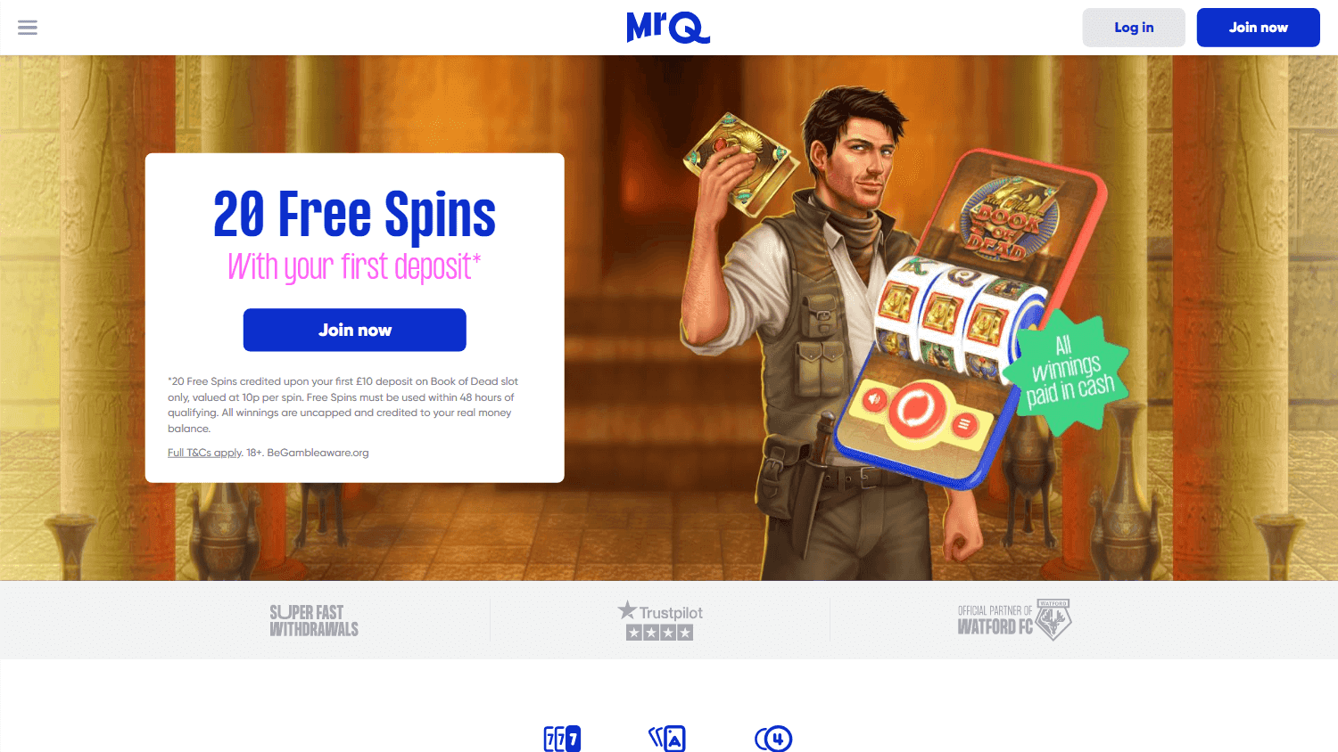 MRQ casino homepage with a first-deposit spins offer and login button