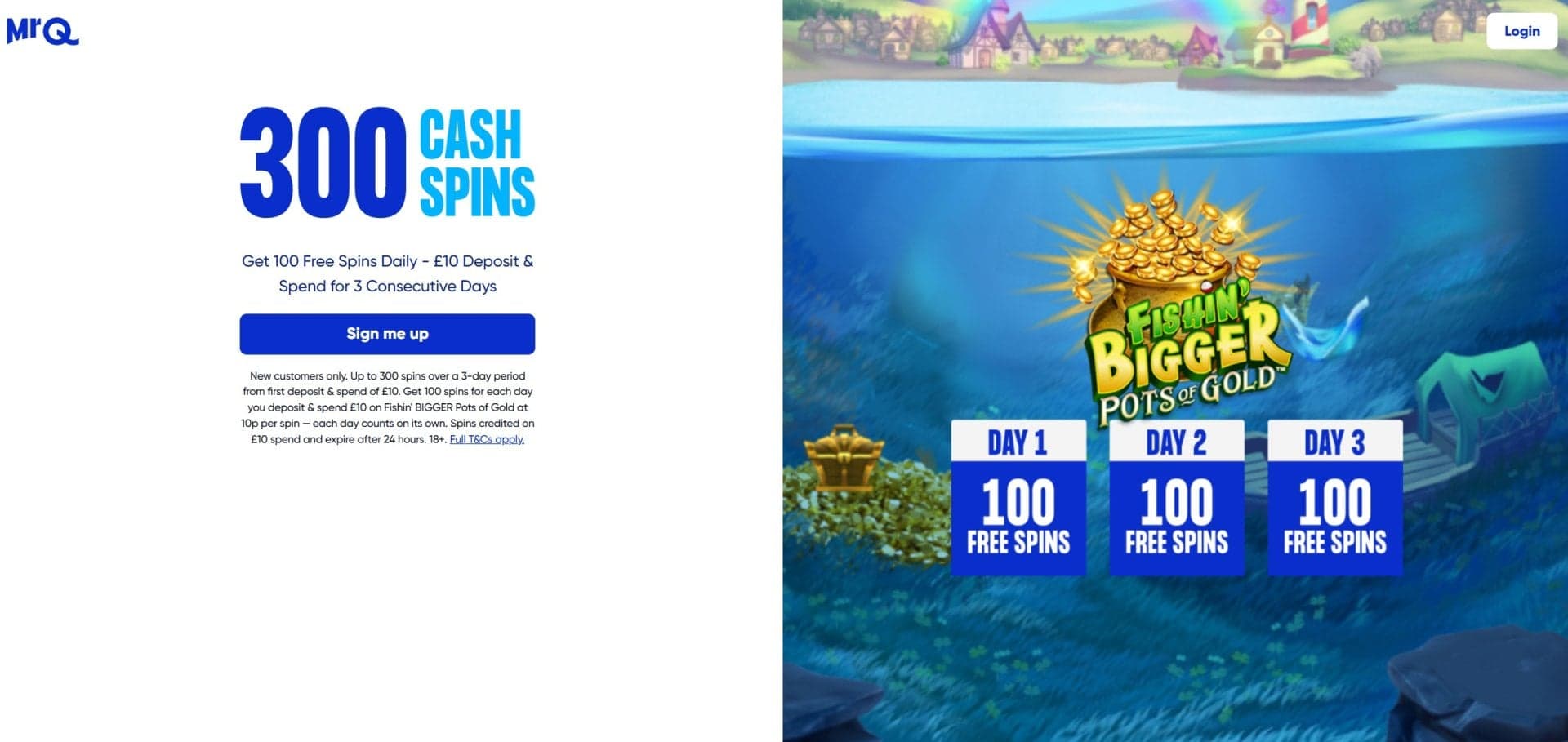 MRQ cash-spins offer with deposit conditions and a three-day free-spins schedule