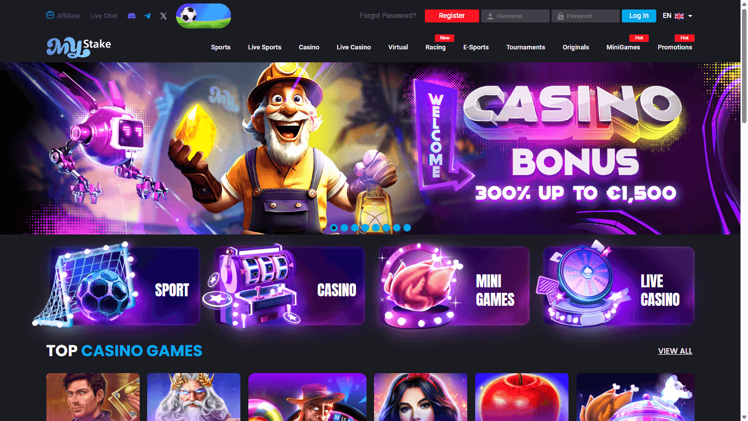 MyStake casino homepage showing sports, casino and mini-game categories