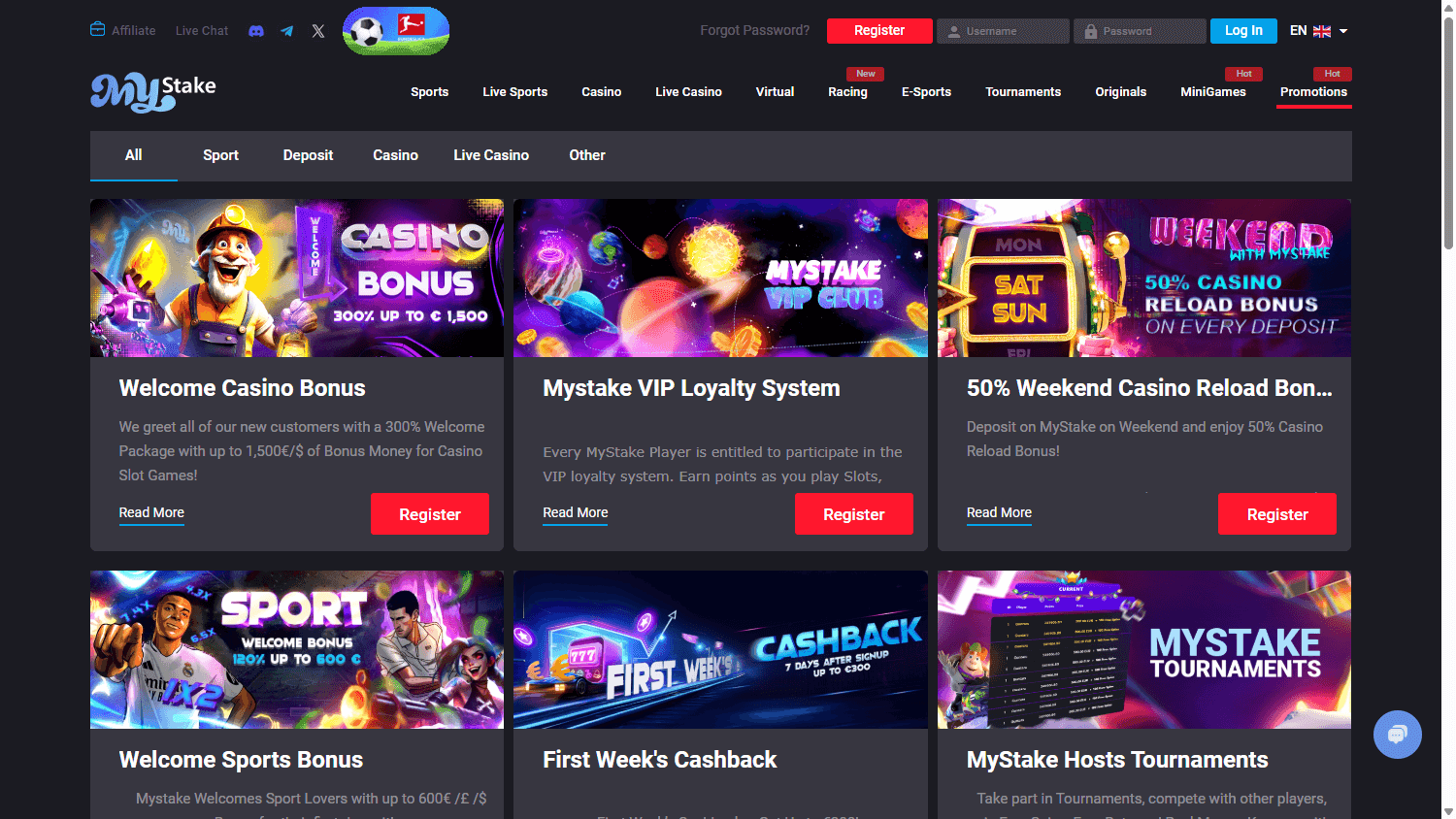 MyStake promotions showing a welcome bonus, VIP loyalty scheme and cashback offers