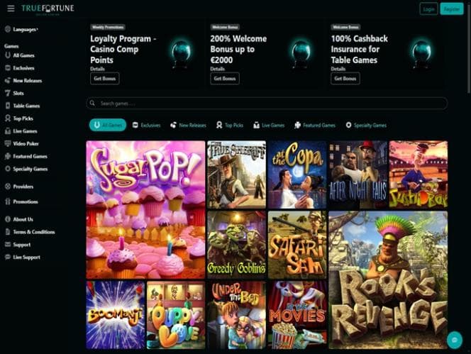 True Fortune casino homepage with a dark game lobby and loyalty and cashback panels