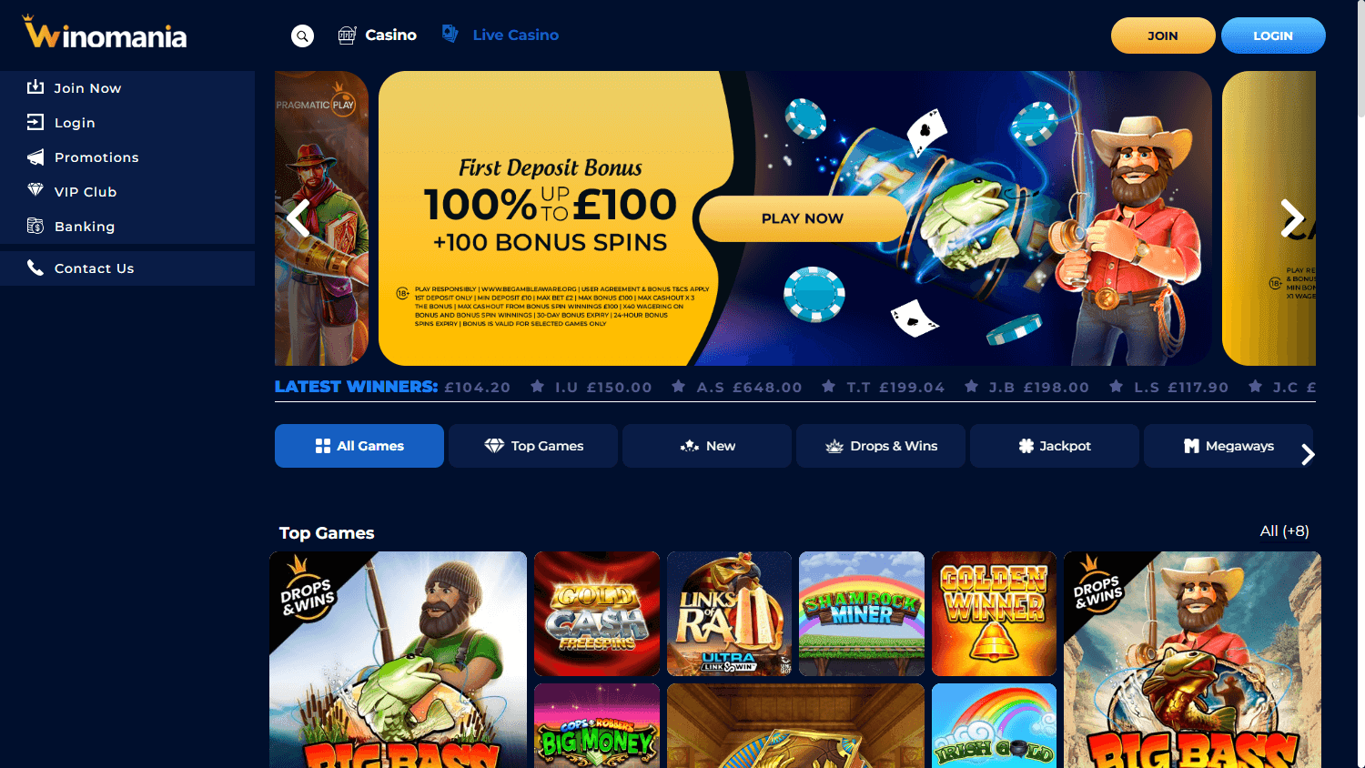 Winomania casino lobby with slots, scratch games and a sidebar linking to banking