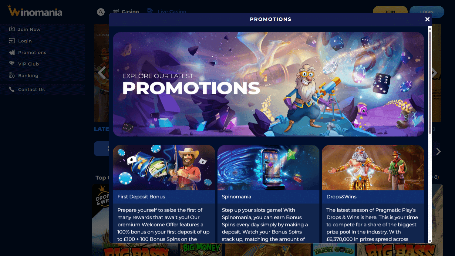Winomania promotions window showing first-deposit, Spinomania and Drops and Wins offers