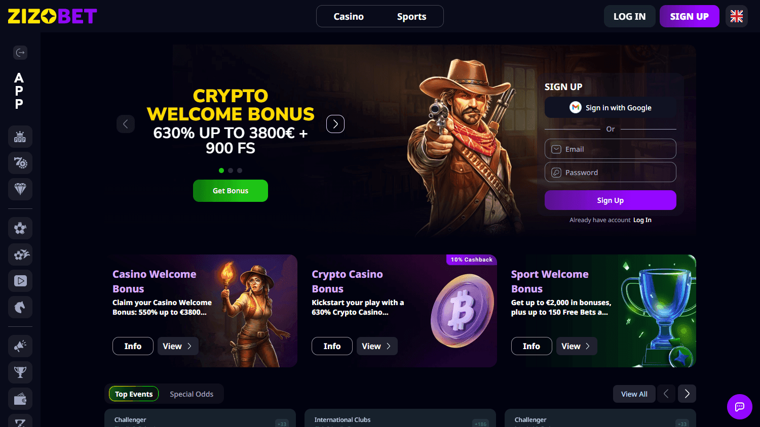 Zizobet casino homepage with a welcome banner, sports menu and account registration panel
